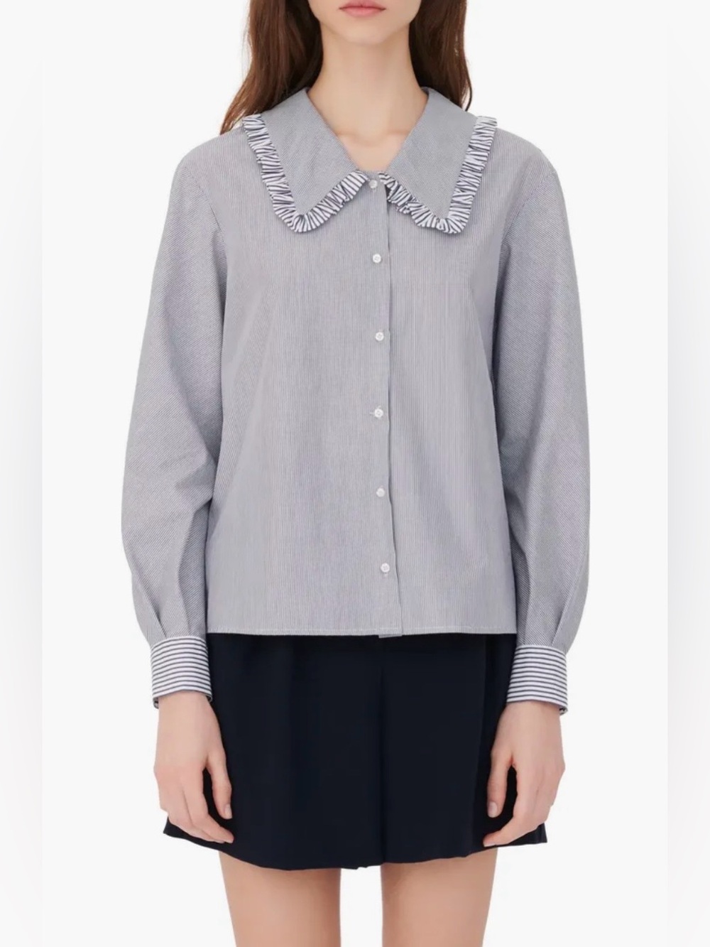 Maje Mix Pinstripe Long Sleeve Cotton Blouse Ruffle Collar Size 1 (US Small)